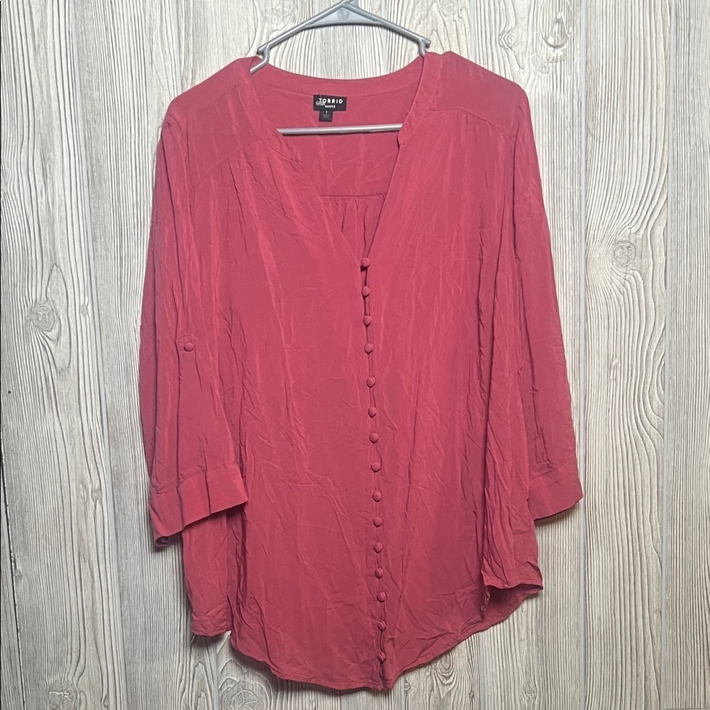 Torrid Women's Harper Challis Button-Front 3/4 Sleeve Blouse Rose Color Size 1